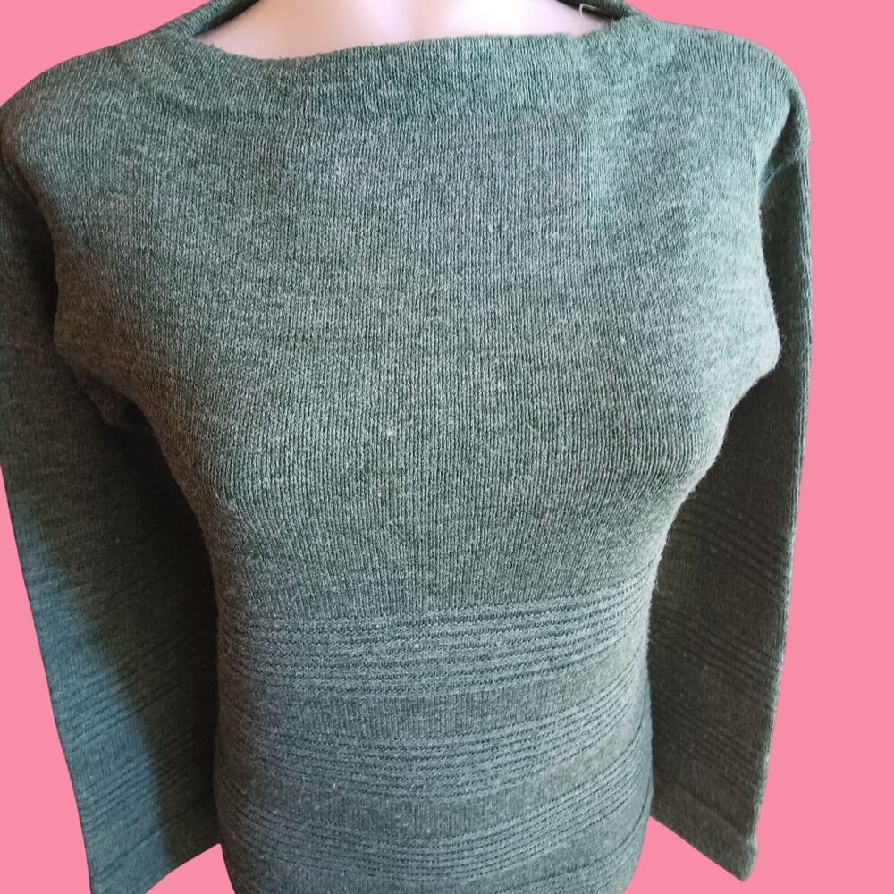 Medium Vintage Knit Sweater 1970's Boho Long Top Hippy Green Ribbed Forrest